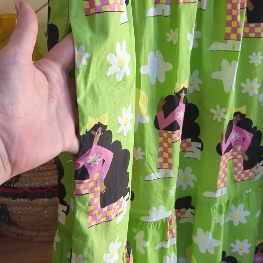 Nooworks Bright Lime Green Novelty Midi Dress with Black & Pink Motif - Picture 5 of 5